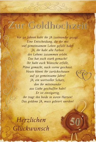 Goldhochzeit - 50. Hochzeitstag - Glückwunschkarte im Format 11,5 x 17 cm mit Br