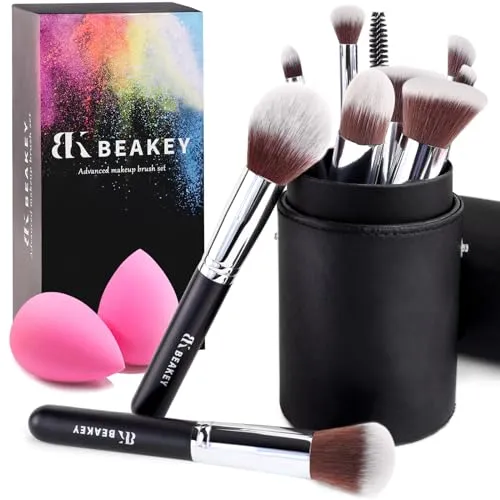 BEAKEY Makeup Pinsel Foundation Blending Face Powder Blush Lidschatten -Sets mit Schwamm und Reinigungsei (10+2pcs mit schwarzem Pinseletui)