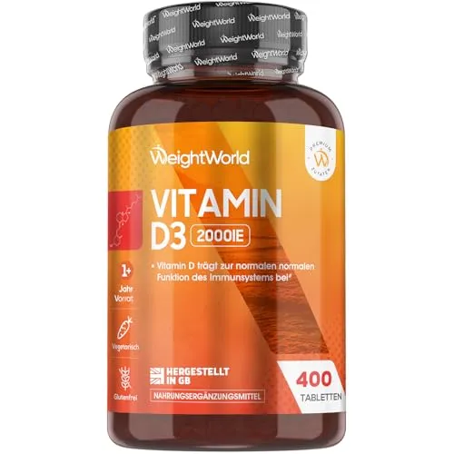 WeightWorld Vitamin D3 2000 I.E. - 400 vegetarische Tabletten für über 1 Jahr - Praktische Vitamin D3 Tabletten mit 2000 I.E. pro Dosis. Ideal für den täglichen Bedarf, glutenfrei und vegetarisch. Perfekt für unterwegs und im Büro.