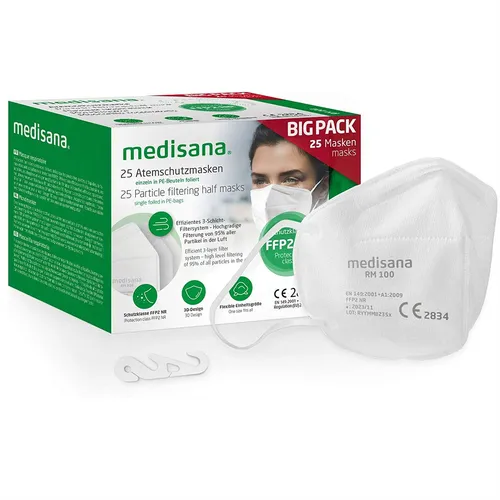 medisana RM 100 FFP2 Maske - 25 Stück Atemschutzmaske für sicheren Schutz - Effizientes 3-Schicht-Filtersystem für zuverlässigen Schutz im Alltag und auf Reisen. Hygienisch verpackt und TÜV-geprüft für geprüfte Qualität. Ideal für den Einsatz in verschiedenen Situationen.