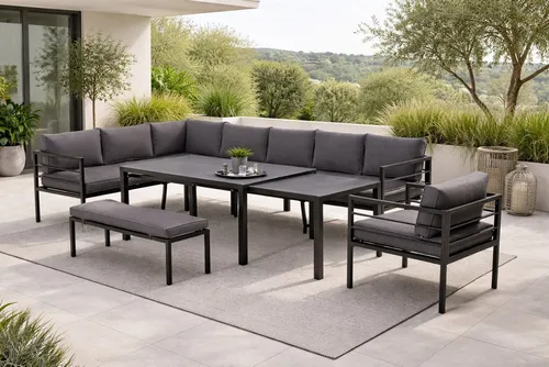 Gardissimo LARINO Alu Ecklounge Gartenmöbel Sitzgruppe mit Ausziehtisch - Gartenmöbel-Sets, moderner XXL-Eyecatcher mit verstellbarer Liegefläche und praktischem ausziehbarem Gartentisch für optimale Flexibilität im Freien.