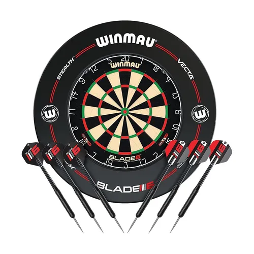 WINMAU Blade 6 Dartscheibe mit Surround und Darts Set - Klassische Dartboards mit Sixth Generation Blade Technology für präzises Spiel, inklusive 2 Sätze Darts und Rota-lock Surround für optimalen Schutz.