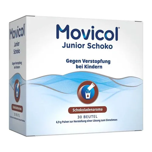 Movicol Junior Schoko Pulver zur Herstellung einer Lösung - Praktisches Pulver für Kinder zur einfachen Zubereitung einer Lösung, fördert die Darmtätigkeit und ist geschmacklich ansprechend. Ideal für Kinder von 2 bis 11 Jahren.