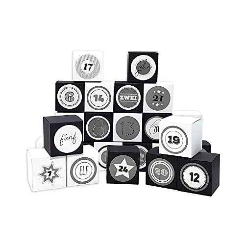Frau WUNDERVoll® DIY Adventskalender Vorfreude zum Befüllen, Faltschachteln 12x schwarz 12x weiß 7x7x7cm (gefaltet), XL Ziffern grau/Weihnachten, Aufkleber, Würfelbox, Faltverpackung, Schachteln