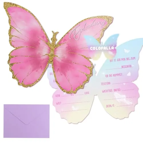 COLOFALLA 12 Stück Einladungskarten Kindergeburtstag Mädchen Schmetterling Einladungskarten Party Einladung Karte zur Geburtstag Kinder Frauen Geburtstagseinladungen (Schmetterling mit Umschlag)
