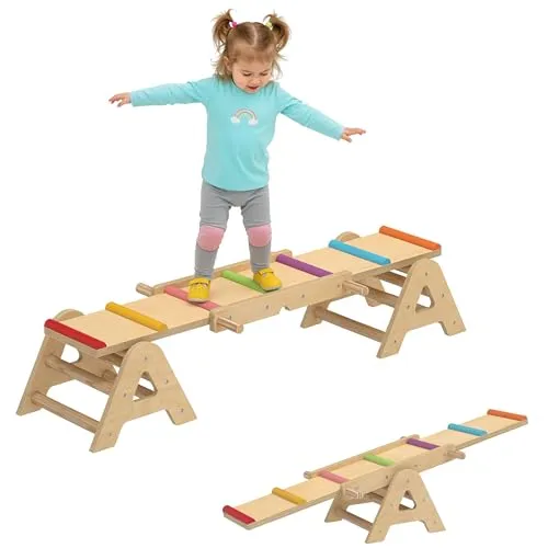 AIYAPLAY 2-in-1 Balance Wippe für Kinder - Vielseitige 2-in-1 Wippe und Balancierbalken aus stabilem Holz, ideal für drinnen und draußen. Fördert Gleichgewicht und Kreativität bei Kindern von 2-4 Jahren.