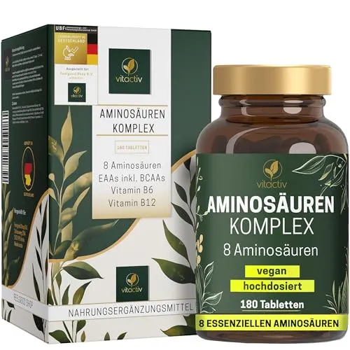 VITACTIV Aminosäuren Komplex Hochdosiert - 180 Tabletten - Verzweigtkettige Aminosäuren (BCAA) mit 6000mg pro Tag, 8 essentielle Aminosäuren und 4 Cofaktoren für optimale Energie und Muskelaufbau – vegan und laborgeprüft.