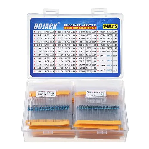 BOJACK Widerstände Sortiment Kit 0 Ohm - 5,6M Ohm 1/4W Metallfilm Widerstand Resistor Kit (50 Werte 1350 Stück)