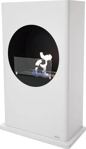 Purline Bioethanol-Kamin Dionysus, Weiß, 64x100x32 cm - Modernes Kaminmöbel aus weiß lackiertem Stahl, ideal für Wohnzimmer und Terrasse. Genießen Sie echtes Feuer ohne Rauch und Asche – einfach zu bedienen und pflegeleicht.