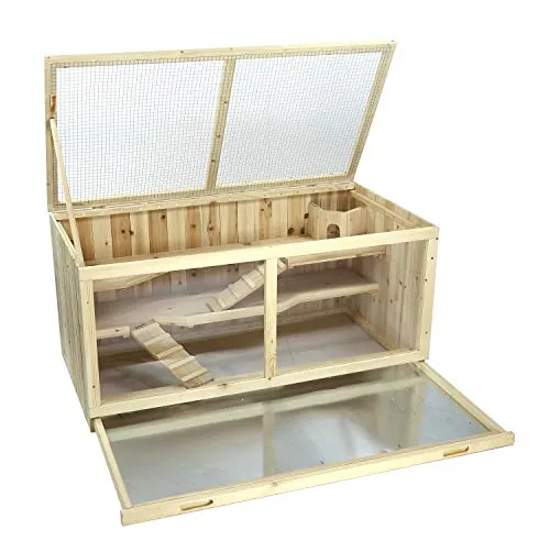 Merschbrock Trade GmbH Hamsterkäfig XXXL - Kleintierstall mit 3 Ebenen aus natürlichem Holz, ideal belüftet und leicht zu reinigen – das perfekte Zuhause für Ihre Nager!