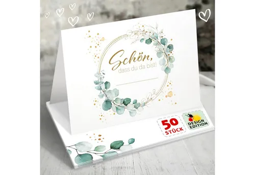 Funke & Brand Grußkarten 50x Tischkarten Hochzeit Schön, dass du da bist Efeu Grün