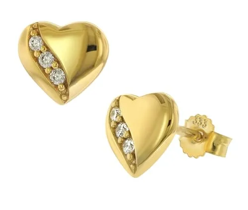 trendor Paar Ohrstecker Damen-Gold 333/8K mit Zirkonia - Elegante Ohrstecker für Damen aus 8 Karat Gold, gewölbte Herzform mit funkelnden Zirkonias, inklusive Mikrofaser-Pflegetuch für strahlenden Glanz.