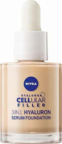 NIVEA 3in1 Hyaluron Serum Foundation mittel (30 ml), Anti-Age Make-up für eine jünger aussehende Haut, feuchtigkeitsspendend und verleiht einen natürlich-ebenmäßigen Teint