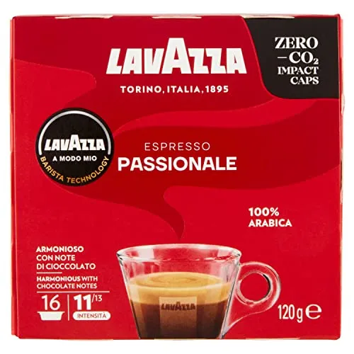 Lavazza A Modo Mio Espresso Passionale - 16 Kaffeekapseln - Kaffeekapseln & Pads mit intensiven Karamell- und Schokoladennoten, 100% Arabica, Intensität 11/13 für ein vollmundiges Geschmackserlebnis.