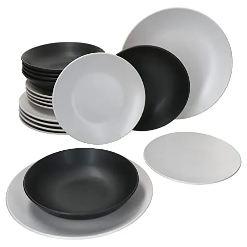 MamboCat Teller-Set Nero Bianco 18-tlg. für 6 Personen - Elegantes 18-teiliges Tellerset aus Steingut in stilvollem Schwarz-Weiß, ideal für festliche Anlässe und den täglichen Gebrauch.