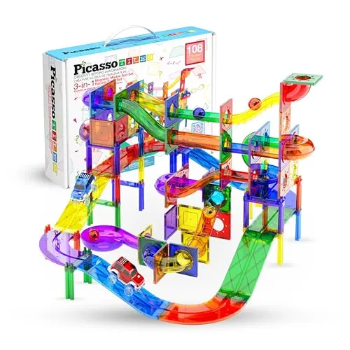 PicassoTiles 108pc 2-in-1 Murmelbahn Auto Rennbahn Combo - Magnetische Bausteine für kreatives Spielen, fördert STEM-Lernen und motorische Fähigkeiten, ideal für Kinder ab 3 Jahren.