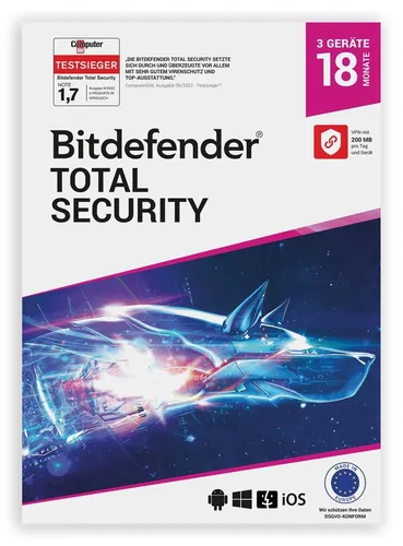 Bitdefender Total Security 2025 inkl. 200MB VPN für 3 Geräte - Sichere Internet-Sicherheitssuite für Windows, Mac und Android mit 200MB VPN für zusätzlichen Datenschutz. Ideal für bis zu 3 Geräte, 18 Monate Laufzeit, als digitaler Download verfügbar.