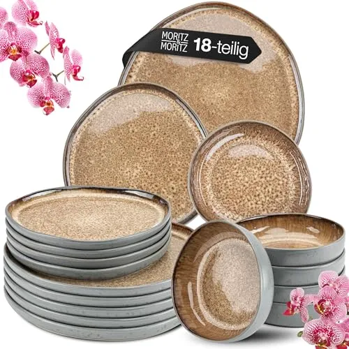 Moritz & Moritz Tafelservice ORGANIC reaktiv amber 18-tlg. Geschirrset - Elegantes Steinzeug-Geschirrset für 6 Personen, unifarbenes Design in Beige, ideal für stilvolle Tischdekoration.