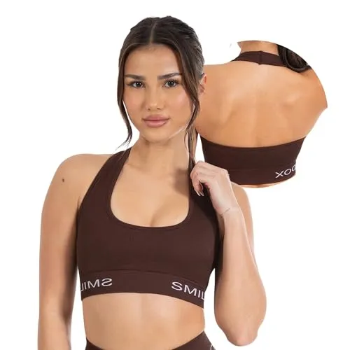 Smilodox Sport-BH Azura, Seamless Sport Top Rückenfrei Starker Halt Fitness Alltag Scrunch Bra ohne Bügel Atmungsaktiv Yoga Gym Bustier Schriftzug, Braun