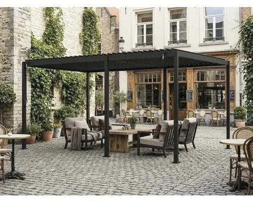 Elegante Pergola mit Lamellendach, 300 x 500 cm, anthrazit - Stilvolle Stahl-Pergola für Gartenliebhaber, 8x8 cm Pfosten, mit verstellbaren Lamellen für individuellen Sonnenschutz. Integrierte Regenrinne für effektive Wasserableitung.