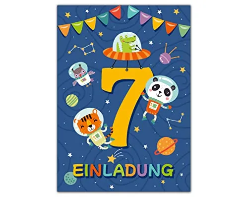 Einladungskarten zum 7. Kindergeburtstag siebte Geburtstag Jungen Mädchen Astronautenparty Weltall Geburtstagseinladungen 12