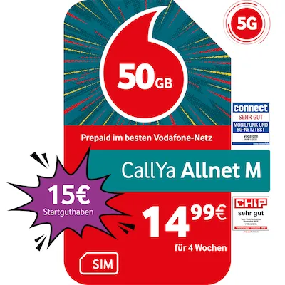 Vodafone Prepaid CallYa M - 30 GB für 14,99 EUR - Prepaidkarte mit 30 GB Datenvolumen und Allnet-Flat, inklusive 5G-Highspeed und 15 EUR Startguthaben. Flexibel ohne Vertrag, ideal für Normal-User!