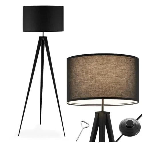 tectake® Dreibein Stehlampe, Retro Boho Stil - Standleuchten & Deckenfluter mit großem Lampenschirm im Leinenlook für gemütliches Ambient Light, ideal für Wohnzimmer und Schlafzimmer.