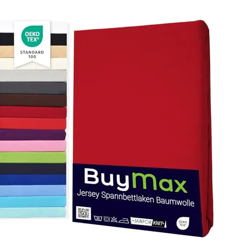 Buymax Spannbettlaken 180x200cm Baumwolle 100% Spannbetttuch Bettlaken Jersey, Matratzenhöhe bis 25 cm, Farbe Rot