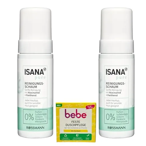 2x ISANA Pure sanfter Reinigungsschaum | jeder Hauttyp, auch für sensible Haut geeignet | Niacinamid & Panthenol | 2x 150 ml (300ml) | 1x Bebe feste Duschpflege