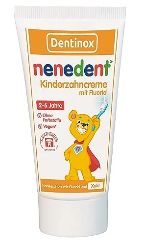 Nenedent Kinderzahncreme mit Fluorid Standtube - Zahnpasta für Kinder von 2-6 Jahren, bietet 3-fachen Karies-Schutz mit Xylit und ist pH-neutral, ohne Zucker oder Konservierungsstoffe.
