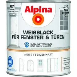 Alpina Weißlack für Fenster & Türen 2 Liter seidenmatt - Lacke mit hoher Deckkraft und Ultra-Wetterschutz, ideal für langlebige und widerstandsfähige Oberflächen. Schnelltrocknend und ausgezeichnet mit dem Blauen Engel.