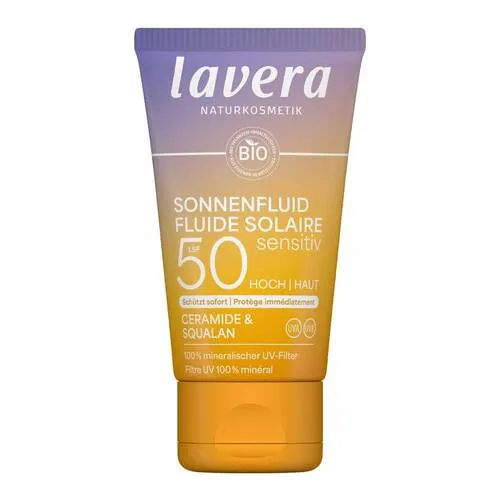 lavera Sonnenlotion Sensitiv LSF 50 - Sonnencreme für Gesicht und Dekolleté mit angenehmem Hautgefühl, ohne chemische UV-Filter. Ideal für empfindliche Haut und vegan. Schützt sofort nach dem Auftragen zuverlässig vor Sonnenstrahlen.