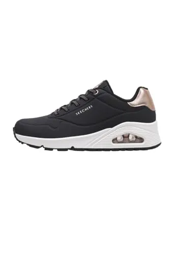 Skechers Damen Uno Shimmer Away Sneaker - Black Durabuck mit Rose Gold Trim - Damen-Sneaker mit luftgekühlter Memory Foam Einlegesohle und sichtbarer, luftgepolsterter Zwischensohle für ultimativen Komfort und Stil.
