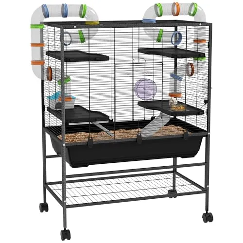 PawHut Hamsterkäfig - Geräumiger Nagerkäfig mit Röhren, Laufrad und Wasserflasche, ideal für Hamster und Rennmäuse, mobil und einfach zu reinigen