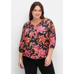 Sheego Tunika mit Blumendruck in Größe 48 - Feminine Tunika in schwarz mit 3/4-Ärmeln und Saum-Gummibund für einen bequemen Sitz. Ideal für große Größen und vielseitig kombinierbar.