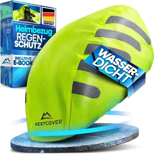 Nextcover® Universal Fahrradhelm Regenschutz - Gelb - Sonstiges Fahrradzubehör, 100% wind- und wasserdicht aus hochwertigem 150D Oxford Polyester, passt auf jeden Helm und sorgt für Sicherheit mit reflektierenden Streifen.