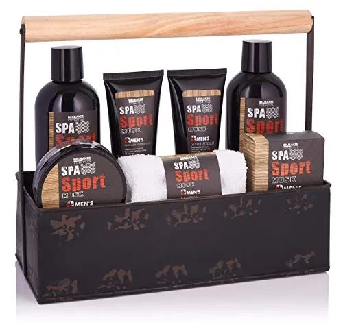 BRUBAKER Cosmetics Spa Sport Musk 8 tlg. Pflegeset für Männer - Körperpflegeset mit 8 hochwertigen Produkten in einer stylischen Werkzeugbox, ideal für maskuline Pflege und erfrischende Reinigung.