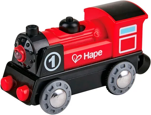 Hape Eisenbahn Batteriebetriebene Lokomotive Nr. 1 - Batteriebetriebene Spielzeuglok mit Licht und Ton, ideal für kreative Spielstunden ab 3 Jahren. Einfach durch Magnete zu verbinden und fördert die Fantasie der Kinder.