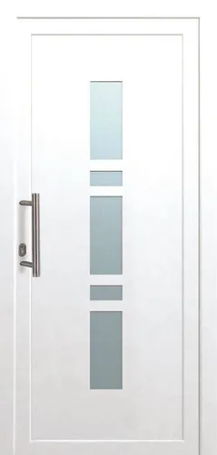 Kunststoff-Haustür K017 Weiß 100 cm x 200 cm - Moderne Haustür in Weiß mit Chinchilla-Glaseinsatz, bietet hervorragende Dämmeigenschaften und hohe Sicherheit durch 5-fache Verriegelung. Ideal für einen einladenden Eingangsbereich.