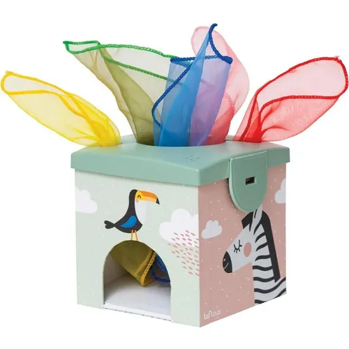 Taf Toys 12965 - Magic Box - Nachziehspielzeug zur Förderung der Sinneswahrnehmung von Babys: 5 Stofftücher, 5 Karten und 5 Bälle für motorische Fähigkeiten und Objektpermanenz. BPA-frei, ideal ab 12 Monaten.