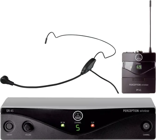 AKG PW45 Presenter Set Band M mit HS-65 EA Headset - Praktisches Set aus Taschensender und Empfänger für eine einfache Nutzung. Ideal für Präsentationen, mit bis zu 6 Kanälen und 8 Stunden Betriebszeit. Plug & Play für unkompliziertes Setup.