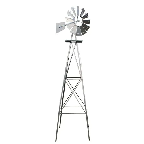 Wiltec Windrad 245 cm - Silberfarbene Windmühle im US-Design - Windspiele mit robuster Carbonstahlkonstruktion, 2,45 m hoch, ideal als Gartendeko und praktische Rankhilfe für Pflanzen.