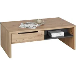 Carryhome Couchtisch in Graphit und Eiche Artisan - Stylischer Couchtisch mit 2 Soft-Close-Schubladen und offenen Fächern für zusätzlichen Stauraum, ideal für ein modernes Wohnzimmer.
