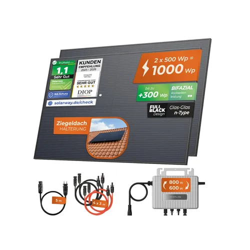 Solarway 1000Wp / 800W Balkonkraftwerk - Komplettset mit EcoFlow Wechselrichter - Balkonkraftwerke mit 500W bifazialen Solarmodulen und neuestem EcoFlow Stream 800W Wechselrichter - ideal für nachhaltige Energieversorgung zu Hause.