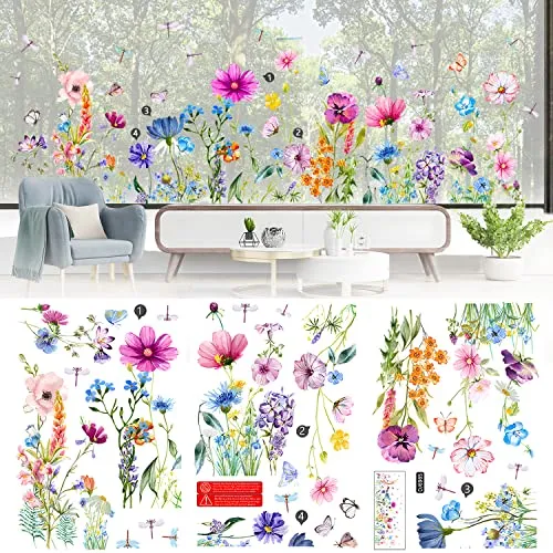 Fensterbilder Frühling Selbstklebend Fensteraufkleber Fenstersticker Blumen Libellen Fensterdeko Anti-Kollision Deko Fensterfolie Fensterbild für Kinderzimmer Kinder Party Zubehör