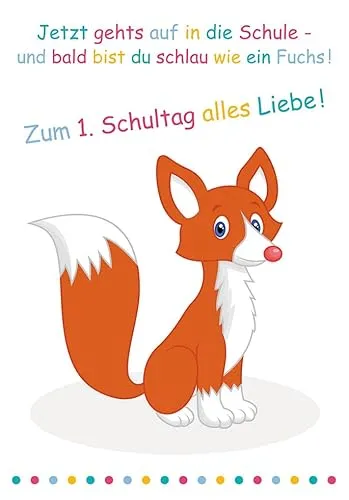 Perleberg - schöne Karte zum Schulanfang mit Fuchs Motiv - hochwertige Karten zur Einschulung - Einschulung Karten mit Umschlag - Glückwunschkarte für Jungen & Mädchen 11,6 x 16,6 cm