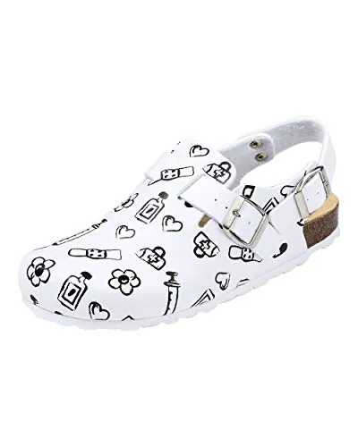 CLINIC DRESS Clog - Clogs Damen bunt weiß Motiv. Schuhe für Krankenschwestern, Ärzte oder Pflegekräfte weiß/schwarz, Health Care, 40