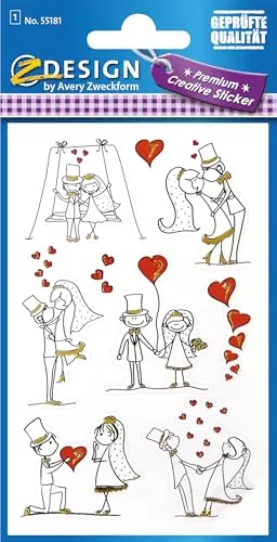 AVERY Zweckform 55181 Papier-Sticker Brautpaar 9 Aufkleber (weiß, schwarz, gold, Dekosticker, selbstklebend, Gastgeschenk, Einladung, Hochzeitskarte, Hochzeit, Geschenke, Fotoalbum, Gästebuch)
