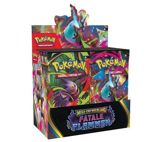 POKÉMON Mega Entwicklungen (ME02) Fatale Flammen Display - Sammelkarten mit 36 Boosterpacks, darunter legendäre Mega-Pokémon wie Mega-Glurak X-ex. Entdecke über 120 neue Karten für spannende Duelle und verbessere dein Deck!