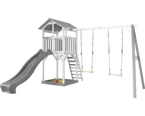 Spielturm axi Beach Tower mit Doppelschaukel und Rutsche - Schaukeln: Robuster Spielturm aus Holz in Grau und Weiß mit Doppelschaukel und integrierter Rutsche – ideal für stundenlangen Spielspaß im Garten!